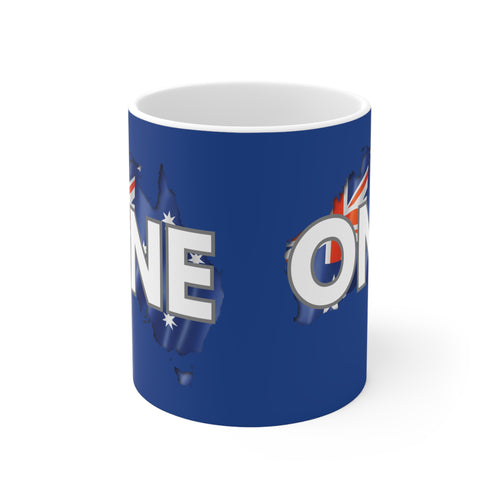 Blue ceramic coffee mug with large 'ONE' text and Australia map print, white rim