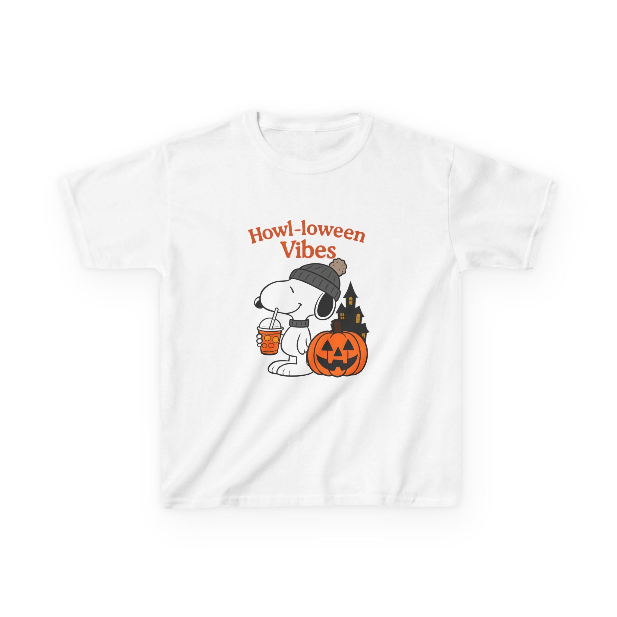 White kids tee with 'Howl-loween Vibes' Snoopy and jack-o'-lantern graphic