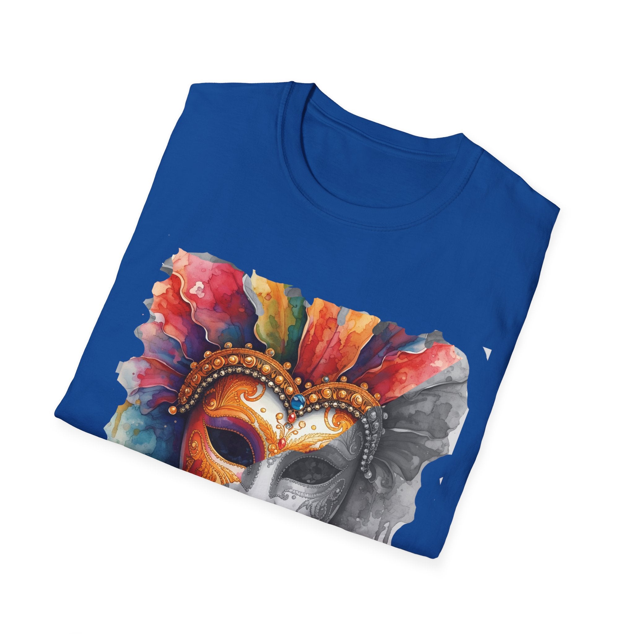 Royal blue T-shirt with watercolor half-face mask print, close-up on front graphic