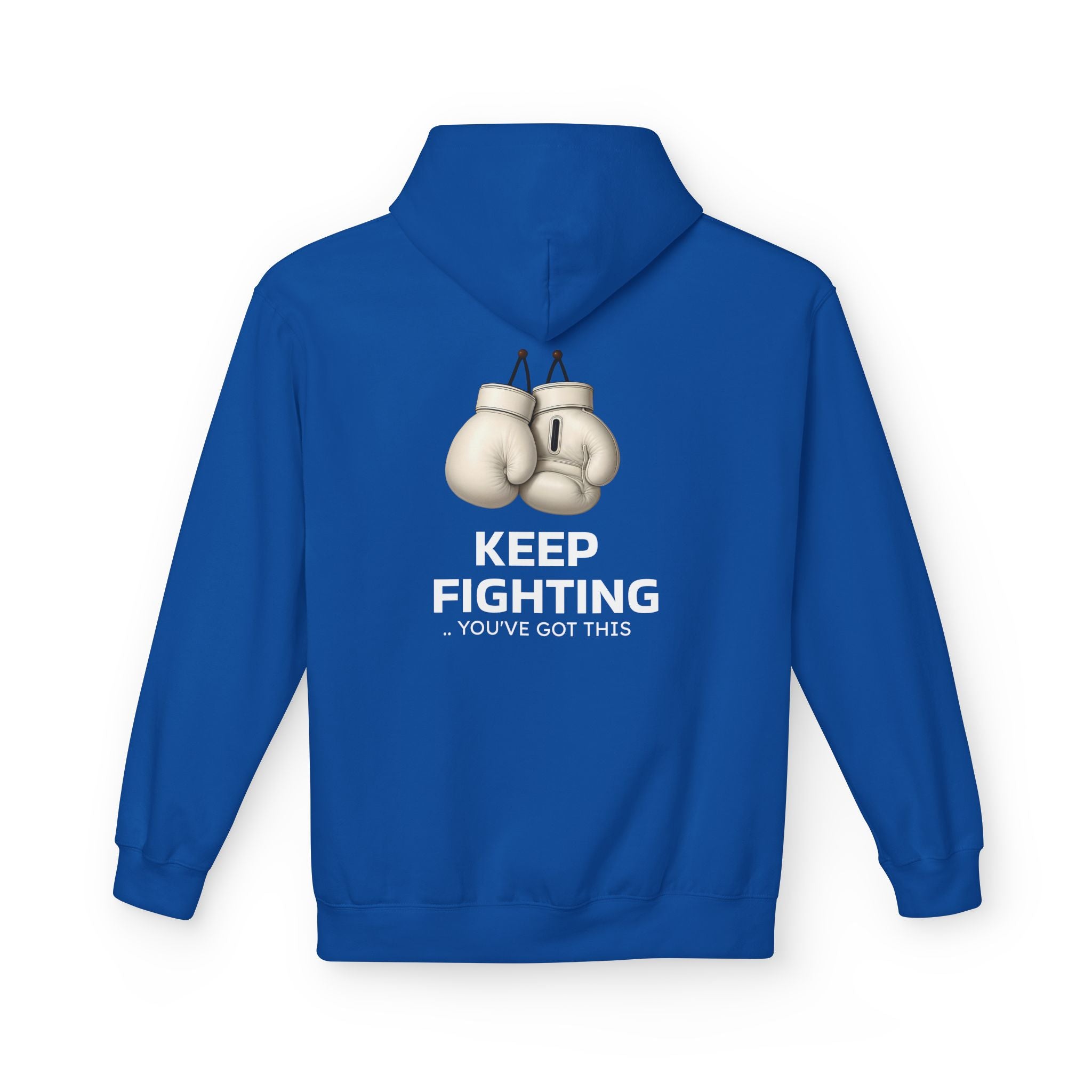 Royal blue hoodie with hood and kangaroo pocket, back boxing gloves graphic “Keep Fighting”