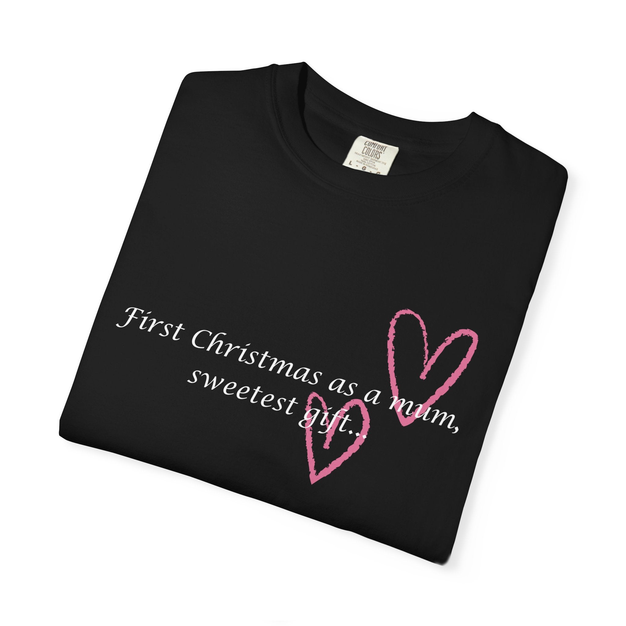 Black folded Christmas mum T-shirt with pink heart graphic and 'sweetest gift' text