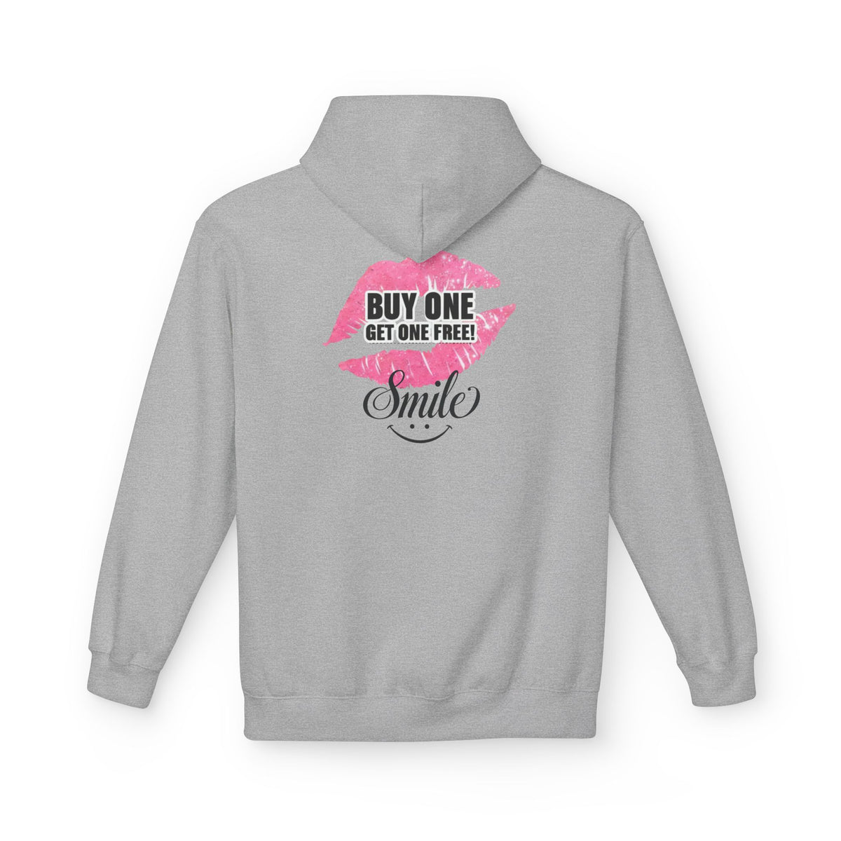 Light gray hoodie with pink 'Buy One Get One Free' Smile front graphic print