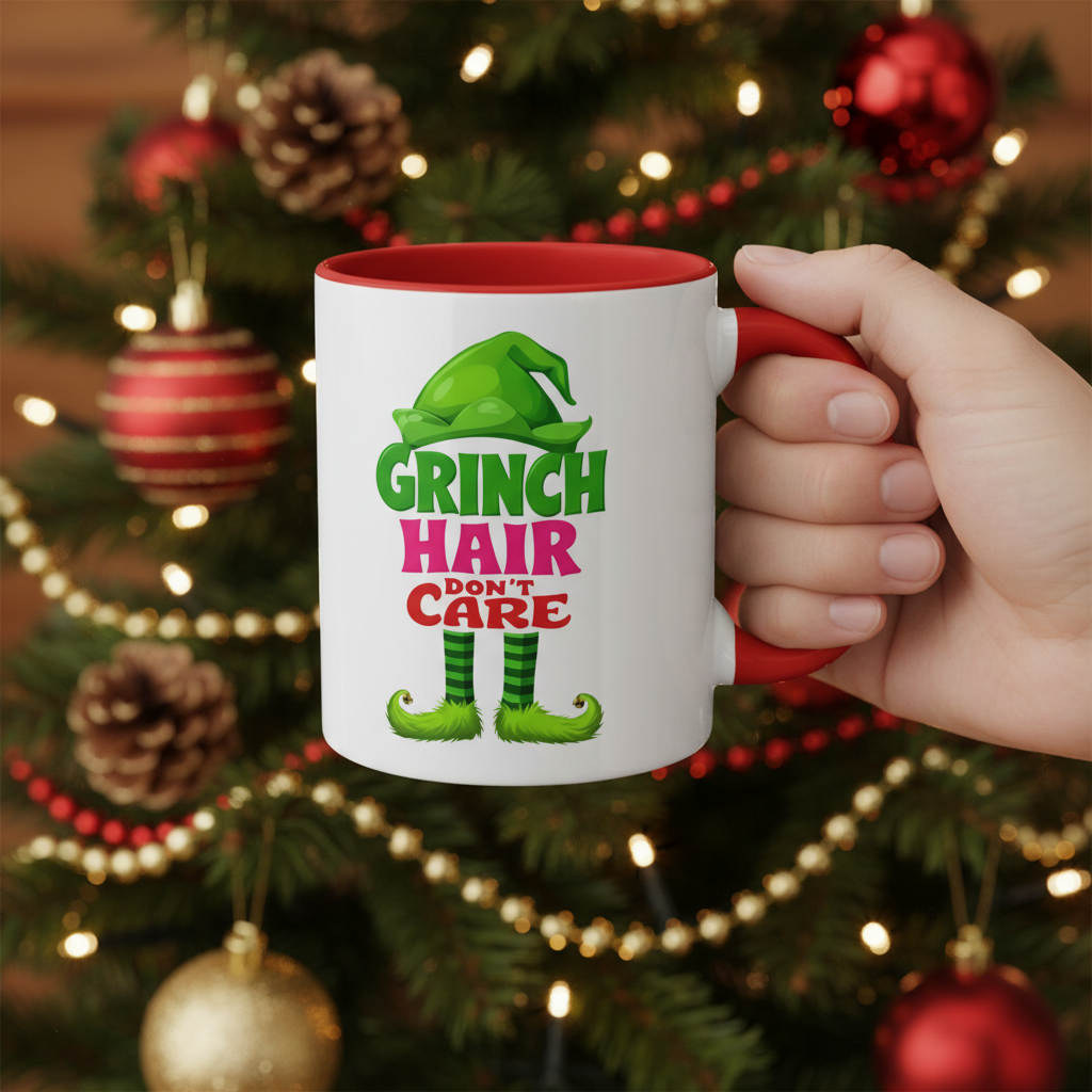 Christmas accent mug, white with red rim and handle; Grinch 'Hair Don't Care' graphic