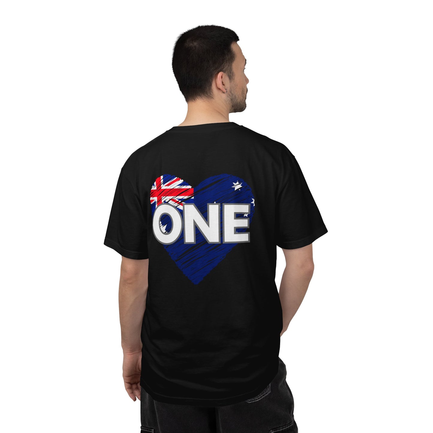Unisex ONE Together Heart T-Shirt — "We Are All In This Together" Front Text, Australian Flag One Back Design