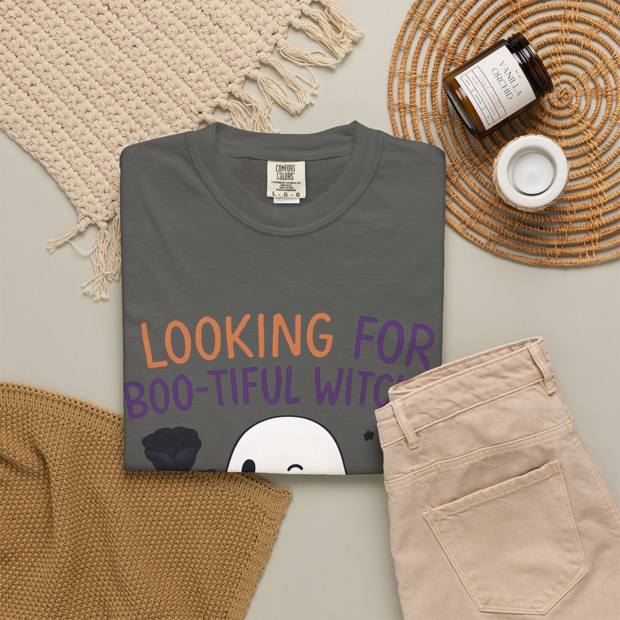 Dark gray crewneck T-shirt with ghost graphic and Halloween wording