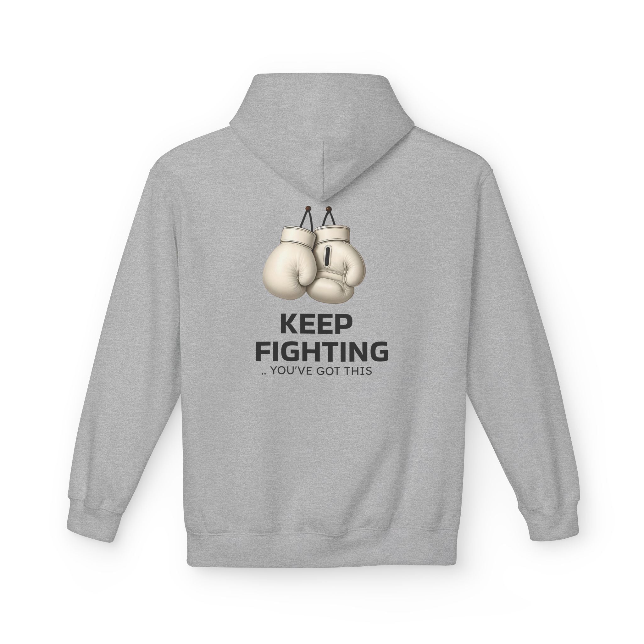 Sport grey hoodie with hood and kangaroo pocket, back boxing gloves graphic “Keep Fighting”