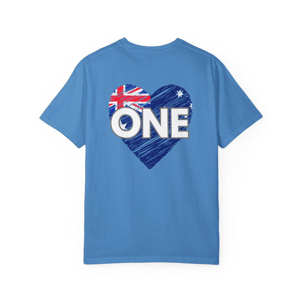Unisex ONE Together Heart T-Shirt — "We Are All In This Together" Front Text, Australian Flag One Back Design