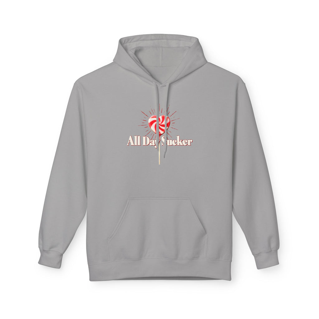 Light gray unisex hoodie with front kangaroo pocket, drawstring hood, and lollipop graphic