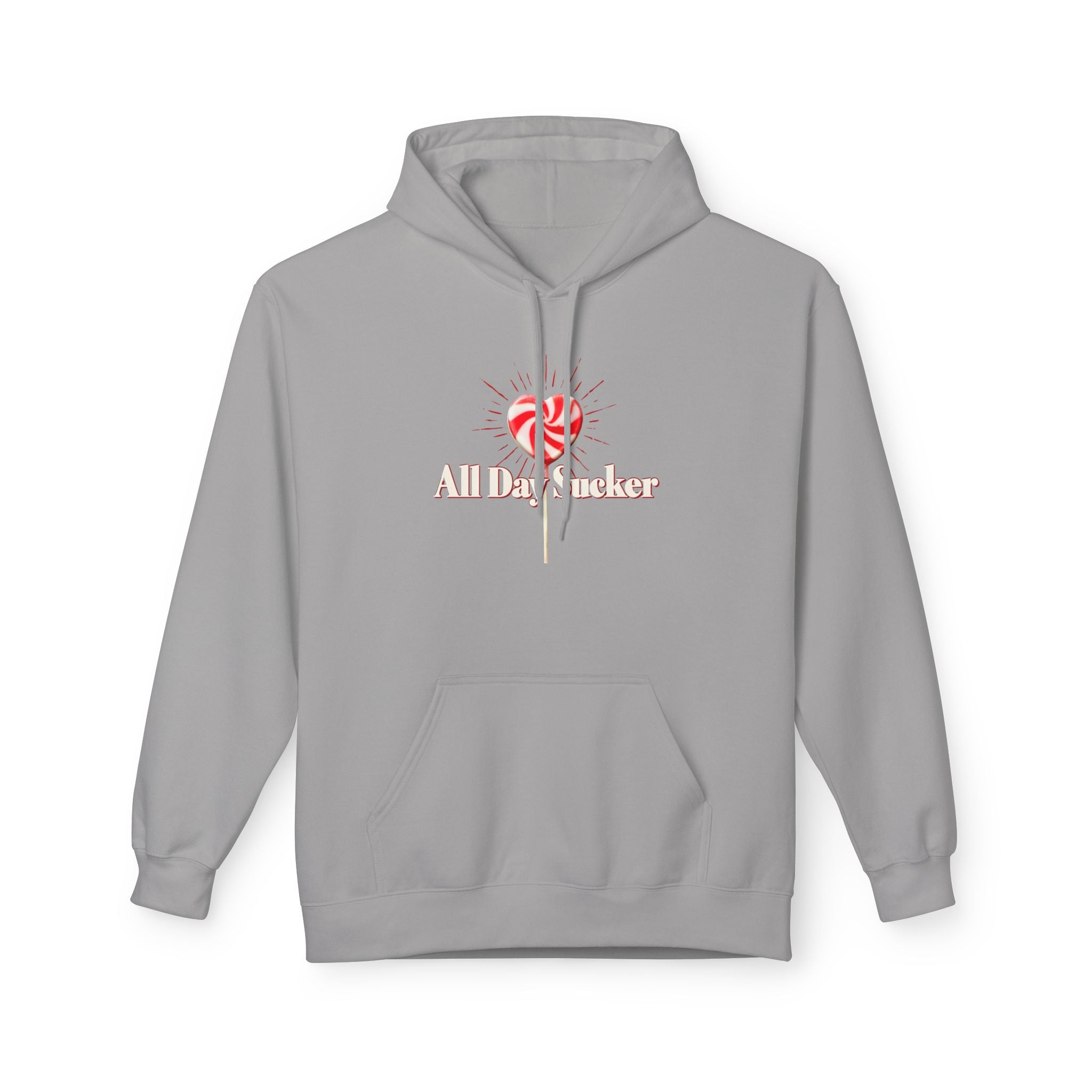 Light gray unisex hoodie with front kangaroo pocket, drawstring hood, and lollipop graphic