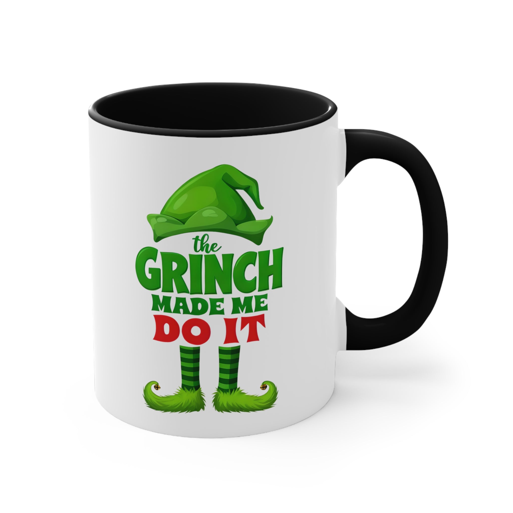 White 11oz Christmas mug, black interior and handle, Grinch 'Made Me Do It' design.