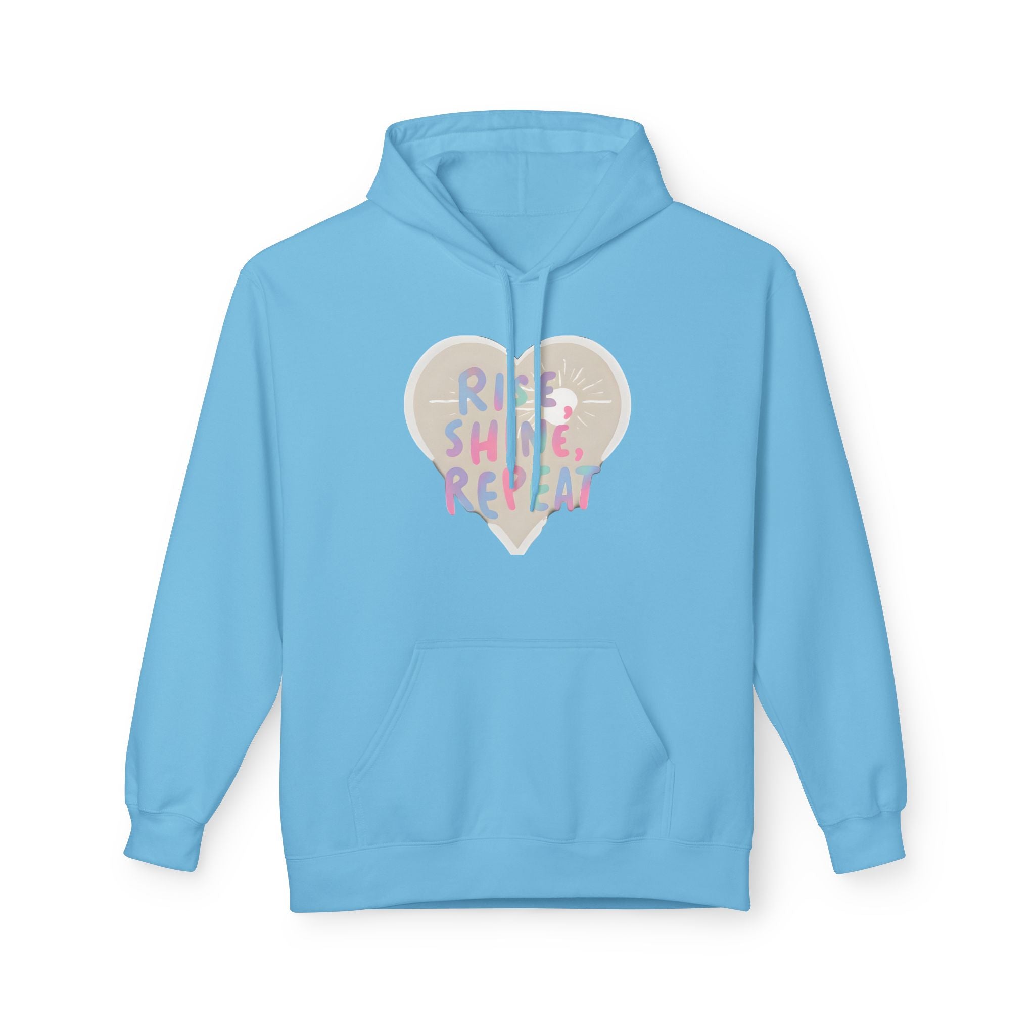Sky blue hoodie with drawstring hood, front pocket, and heart "Rise Shine Repeat" graphic