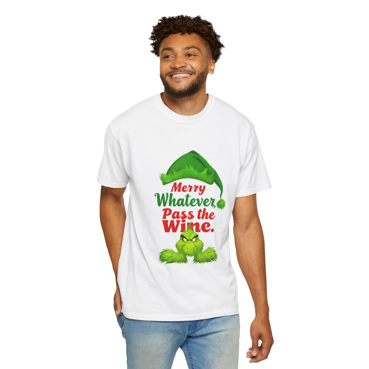 White crew-neck tee on model with green elf graphic and "Merry Whatever Pass the Wine" print