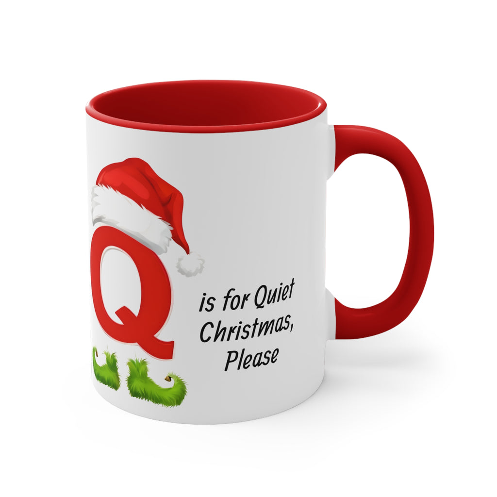 White Q mug with red Santa hat and message; red handle and red interior