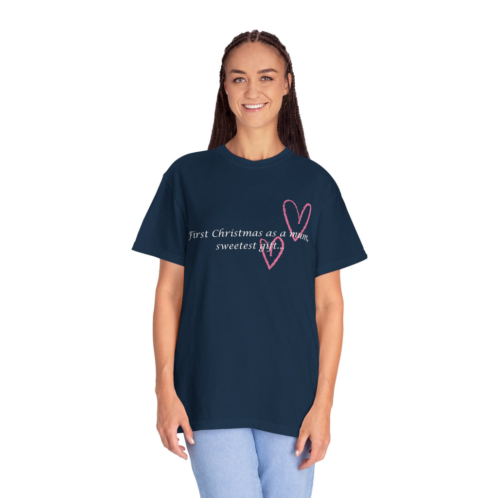 Navy crew-neck T-shirt with pink 'First Christmas as a mum' text and heart graphic