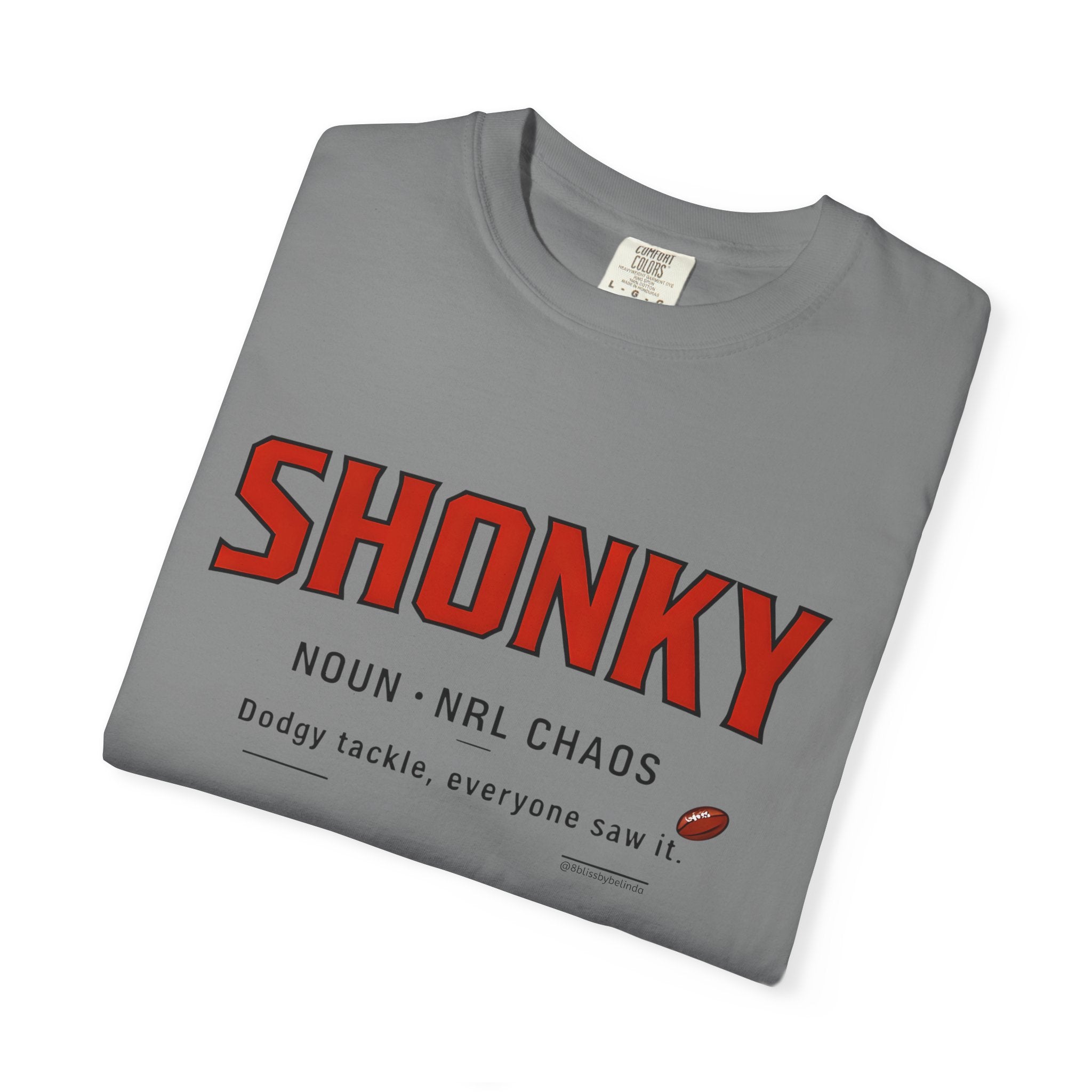 Grey graphic T-shirt with red SHONKY logo and small slogan text