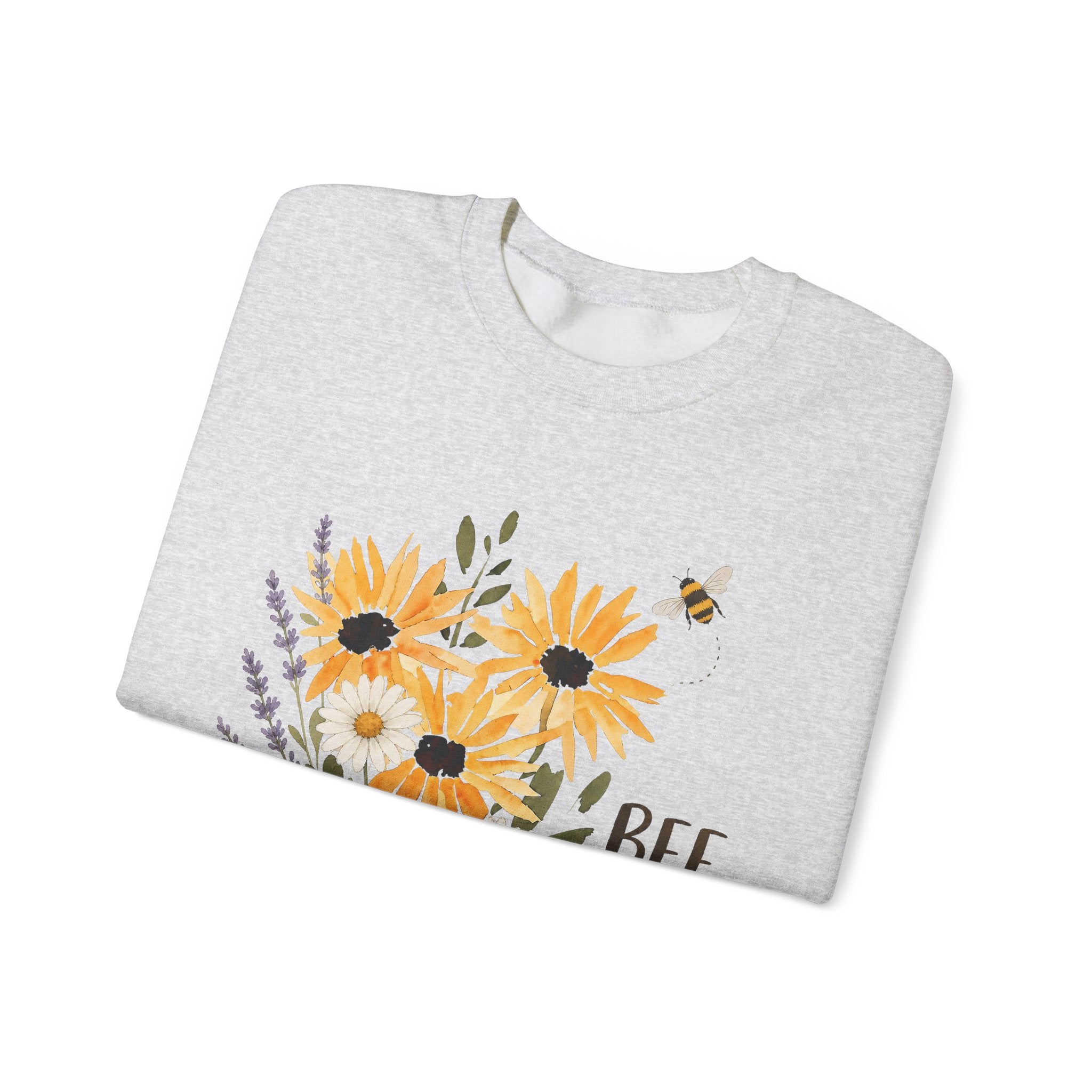 Gray crewneck sweatshirt with sunflower floral print and bee accents.