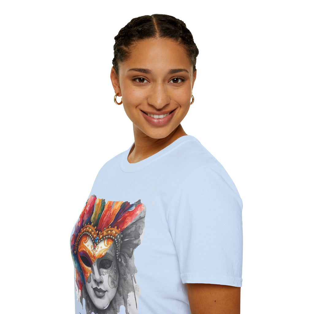 Light blue face mask graphic T-shirt on model, watercolor masquerade mask print