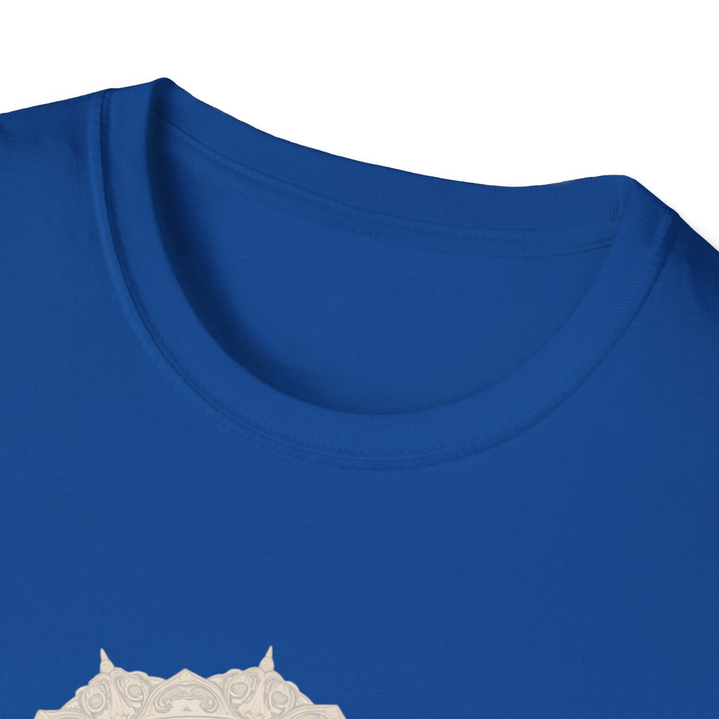 Blue crewneck T-shirt close-up of neckline and collar seam