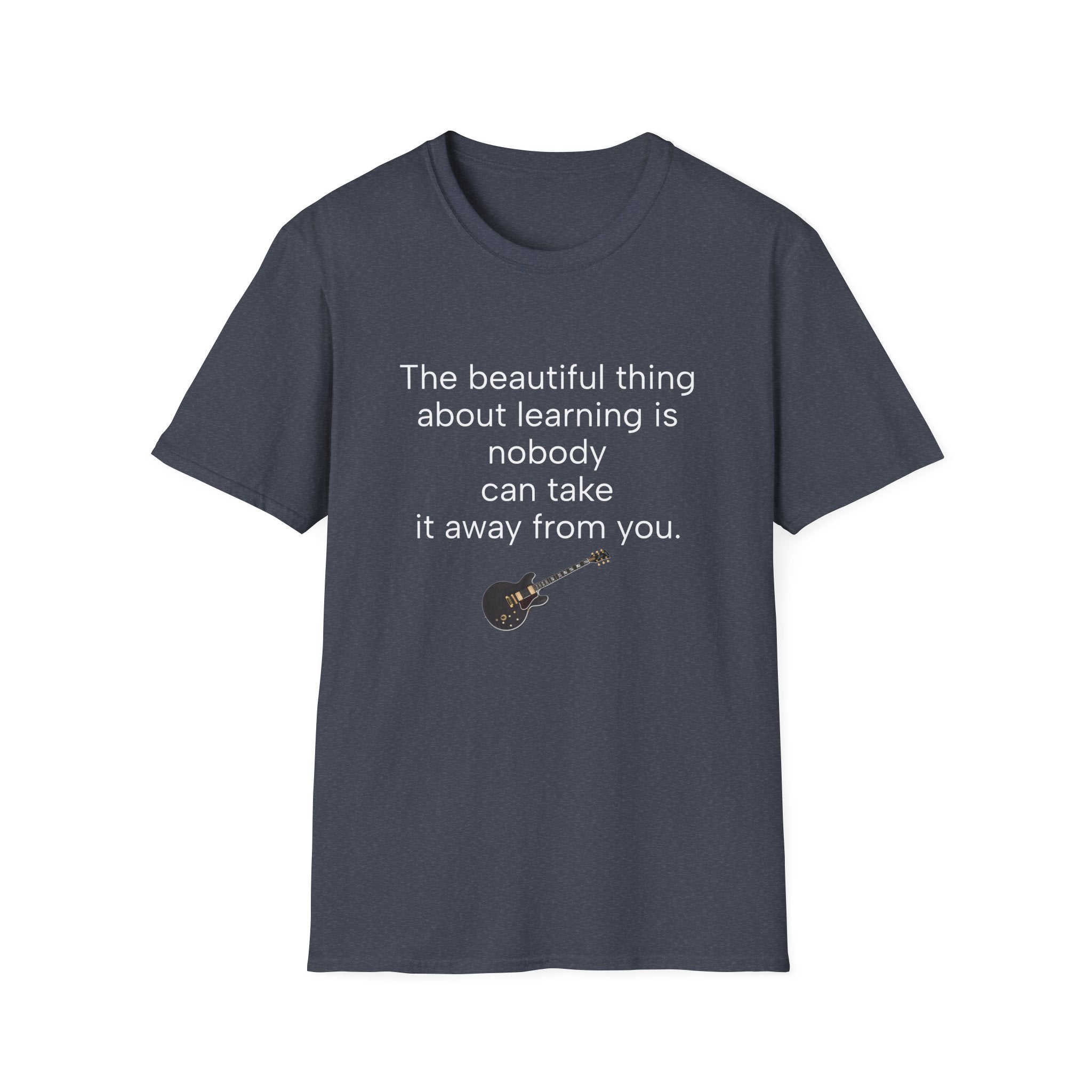 Charcoal unisex T-shirt with learning quote text and small guitar graphic on front