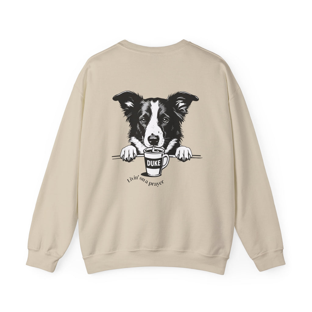 Unisex sand sweatshirt with border collie back graphic and 'DUKE' patch