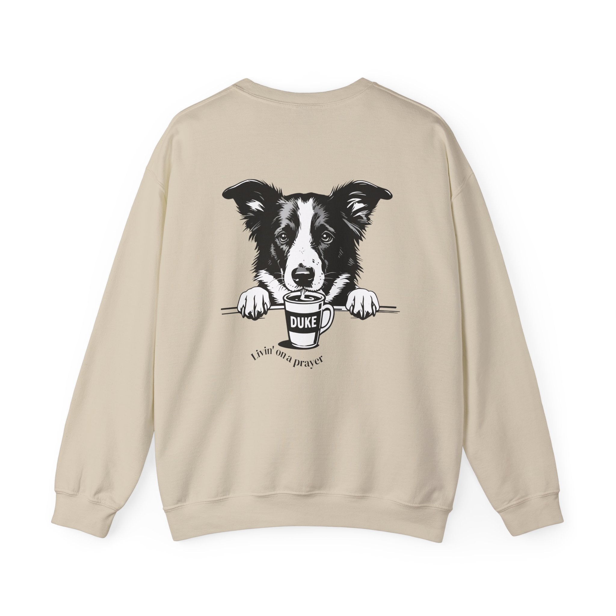 Unisex sand sweatshirt with border collie back graphic and 'DUKE' patch