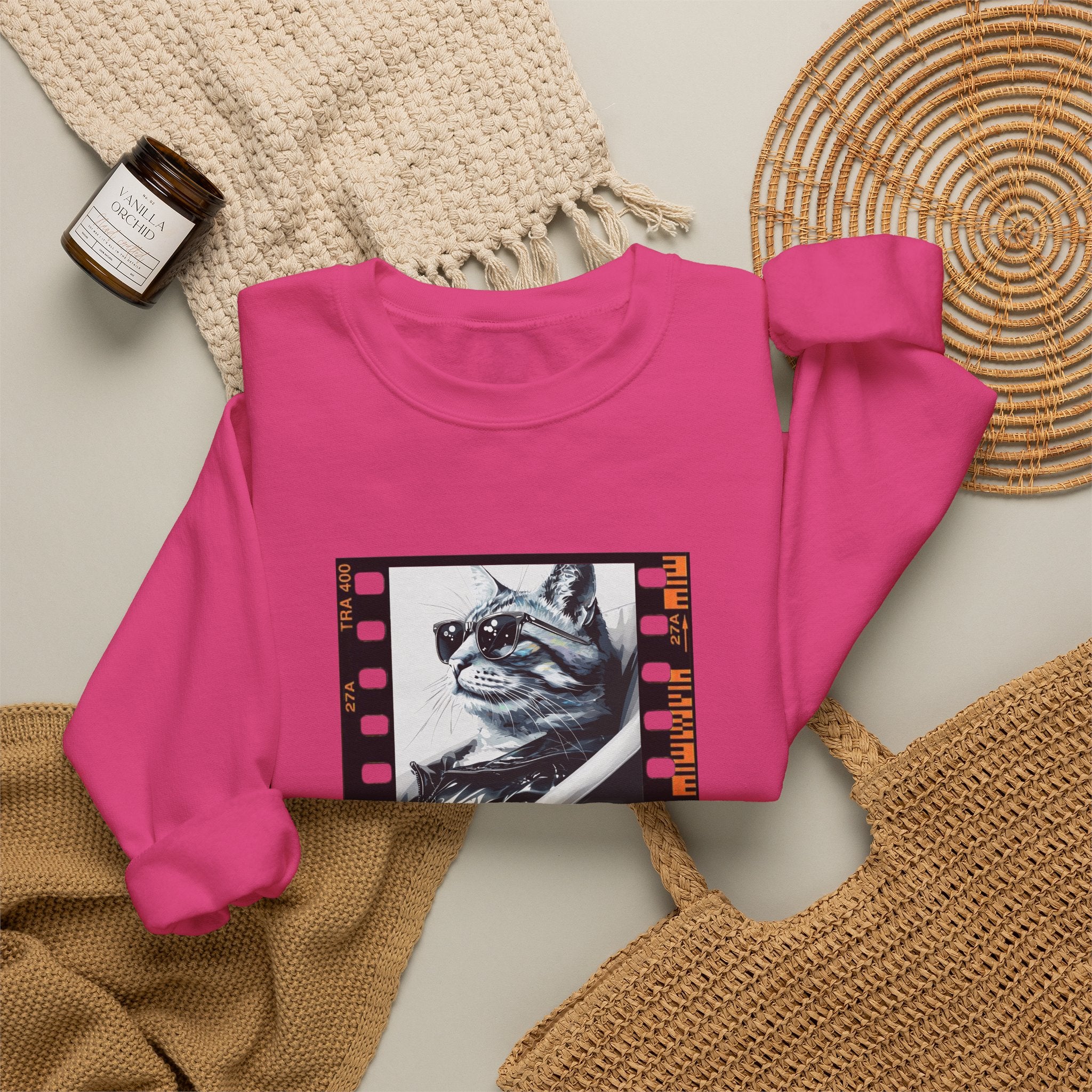 Fuchsia crewneck sweatshirt with framed cat photo graphic and ribbed cuffs