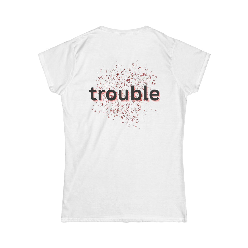 Women's white tee with trouble word graphic