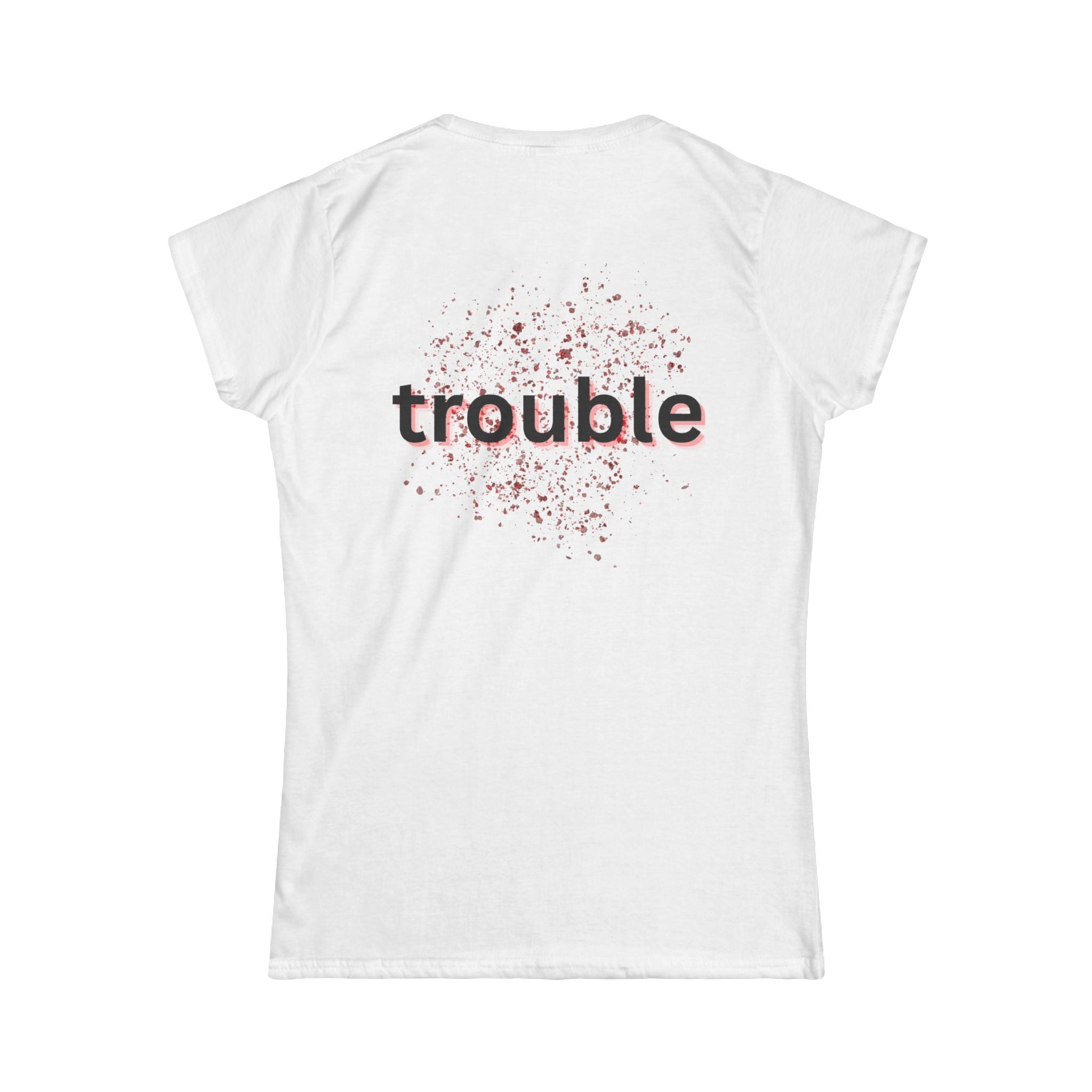 Women's white tee with trouble word graphic