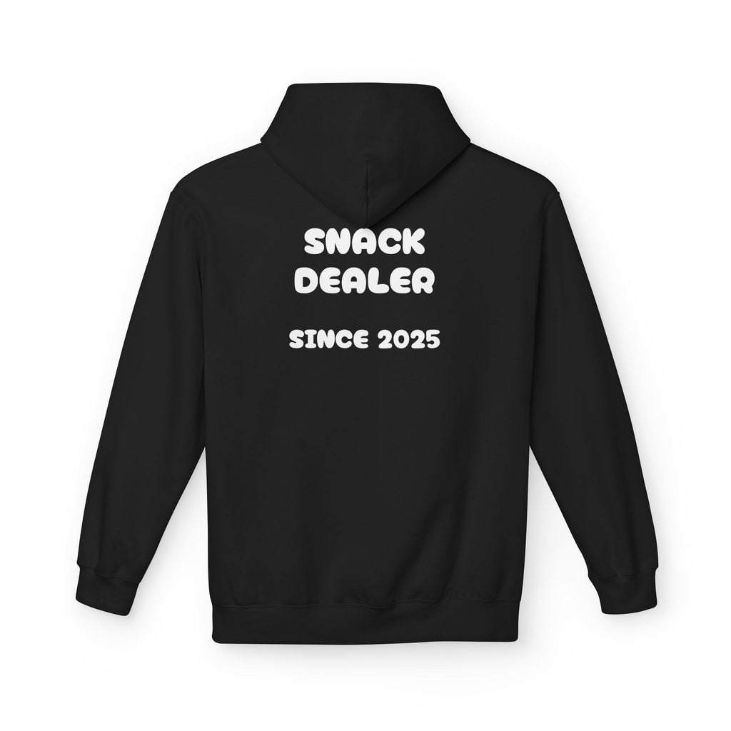 Black hoodie back with large white "SNACK DEALER" text and "SINCE 2025"