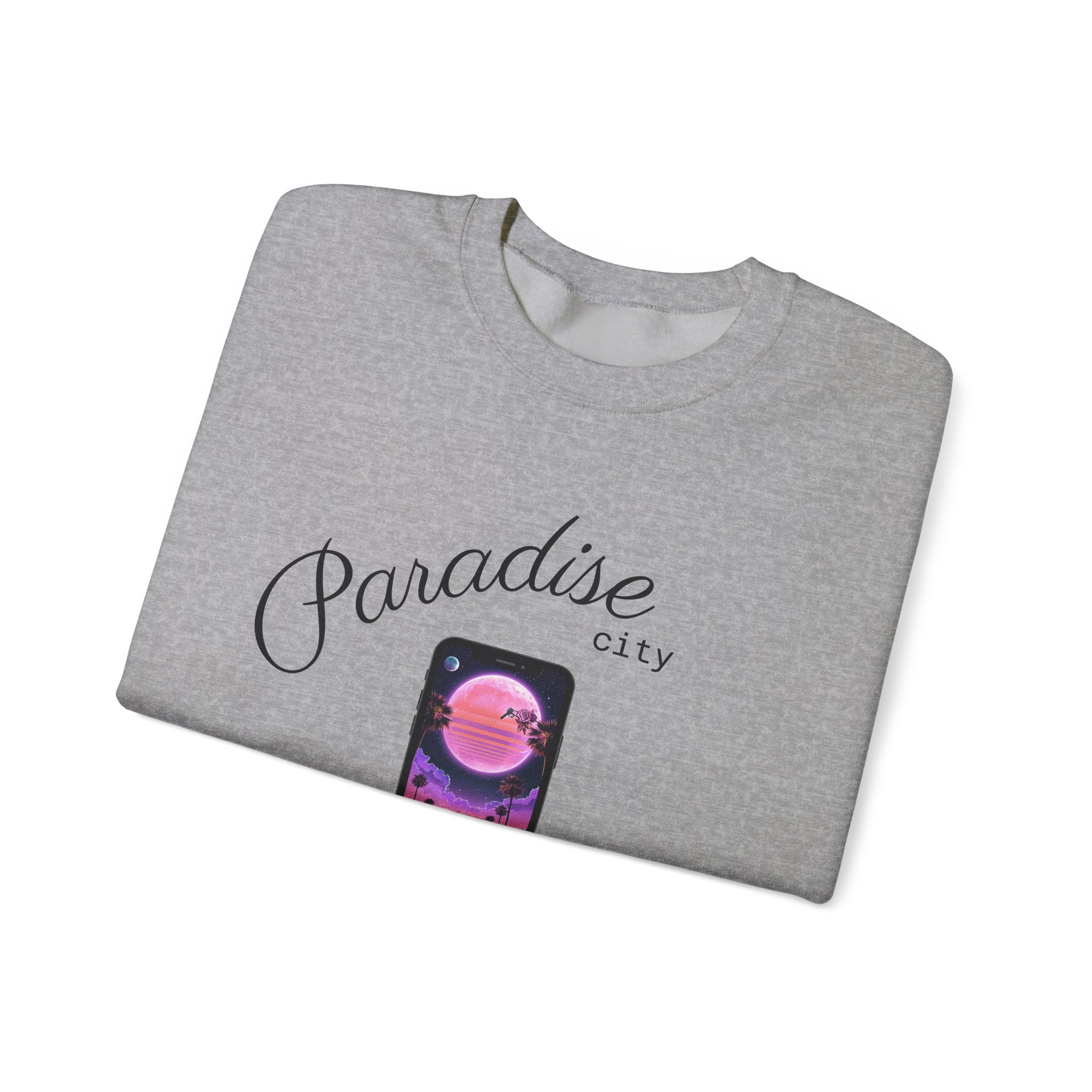 Sport grey crewneck sweatshirt with phone sunset graphic on the front