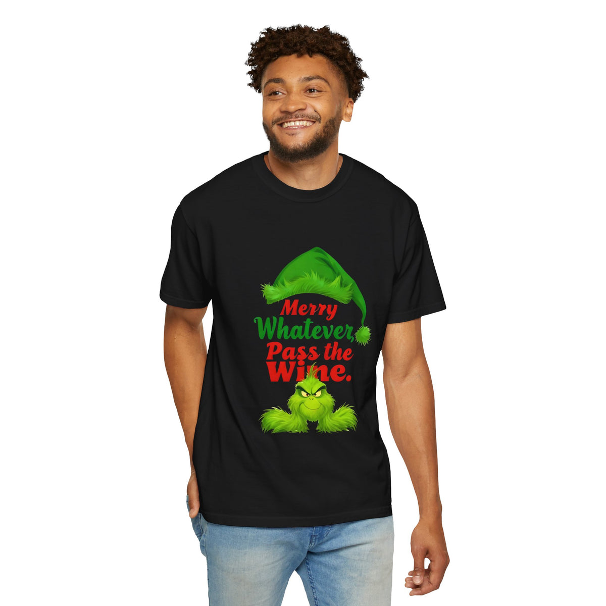 Black crew-neck tee on model with green elf graphic and "Merry Whatever Pass the Wine" print