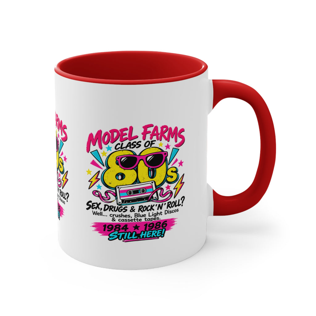 Red handle ceramic coffee mug with colorful retro farm-and-cassette graphic