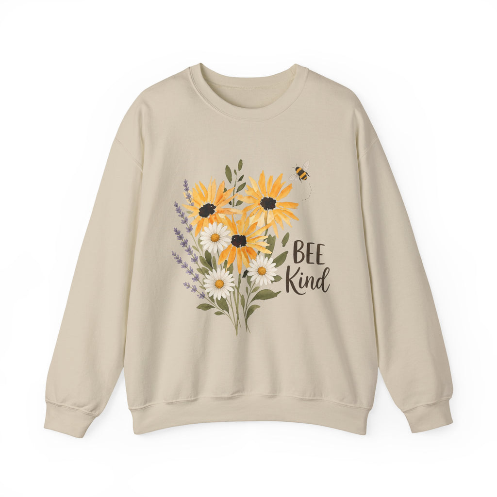 Sand crewneck sweatshirt with sunflower bouquet graphic and 'Bee Kind' text