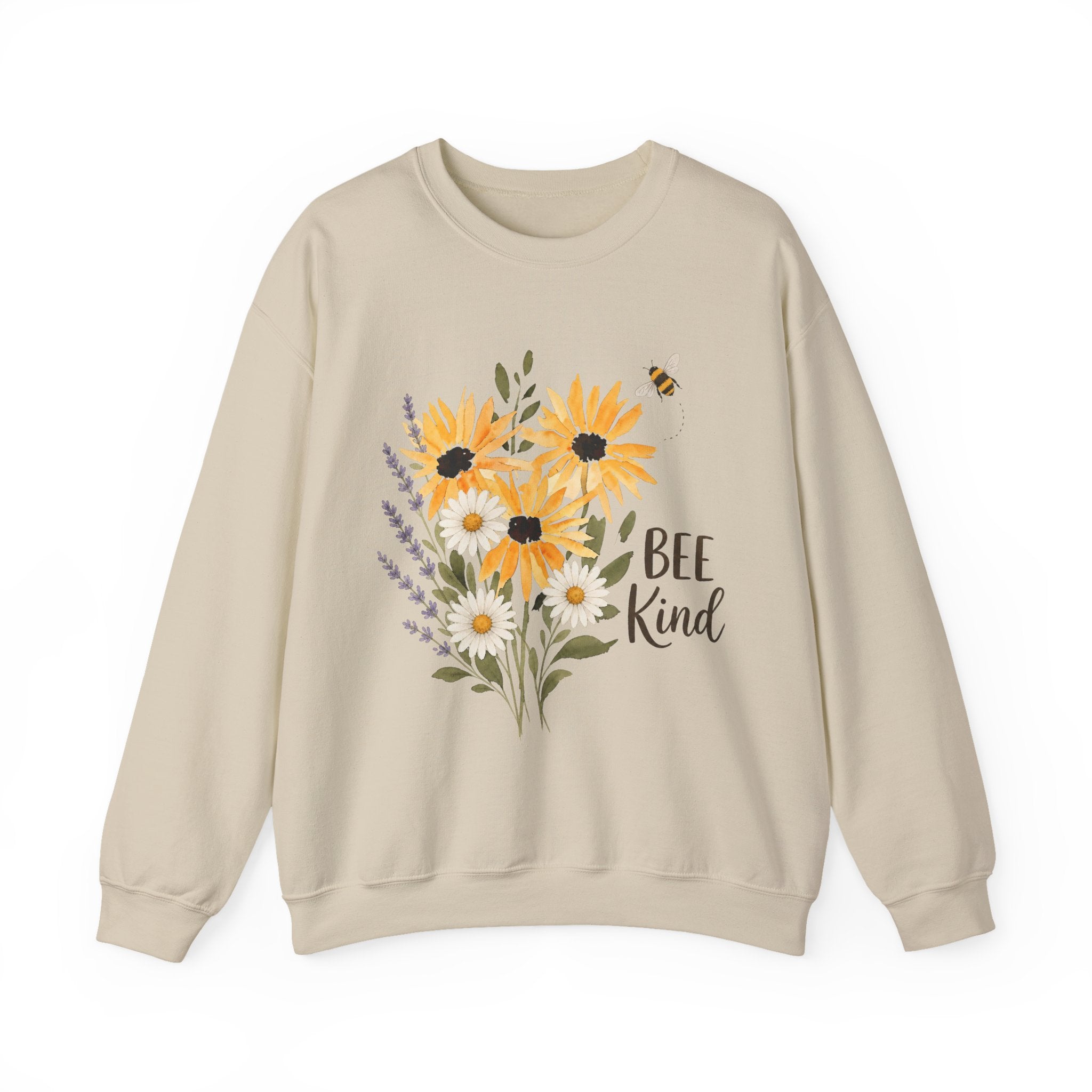 Sand crewneck sweatshirt with sunflower bouquet graphic and 'Bee Kind' text