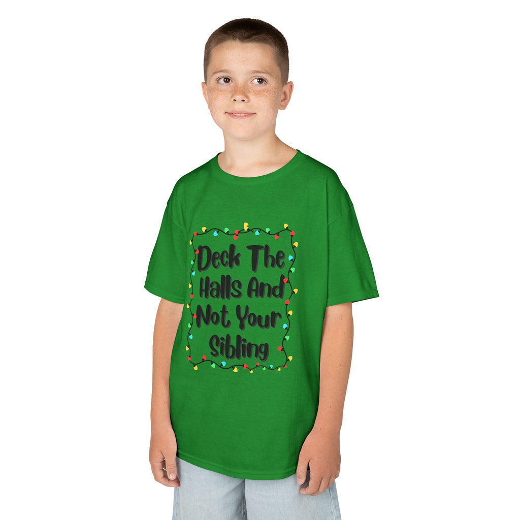 Green kids T-shirt with festive wreath light graphic and "Deck the Halls" text