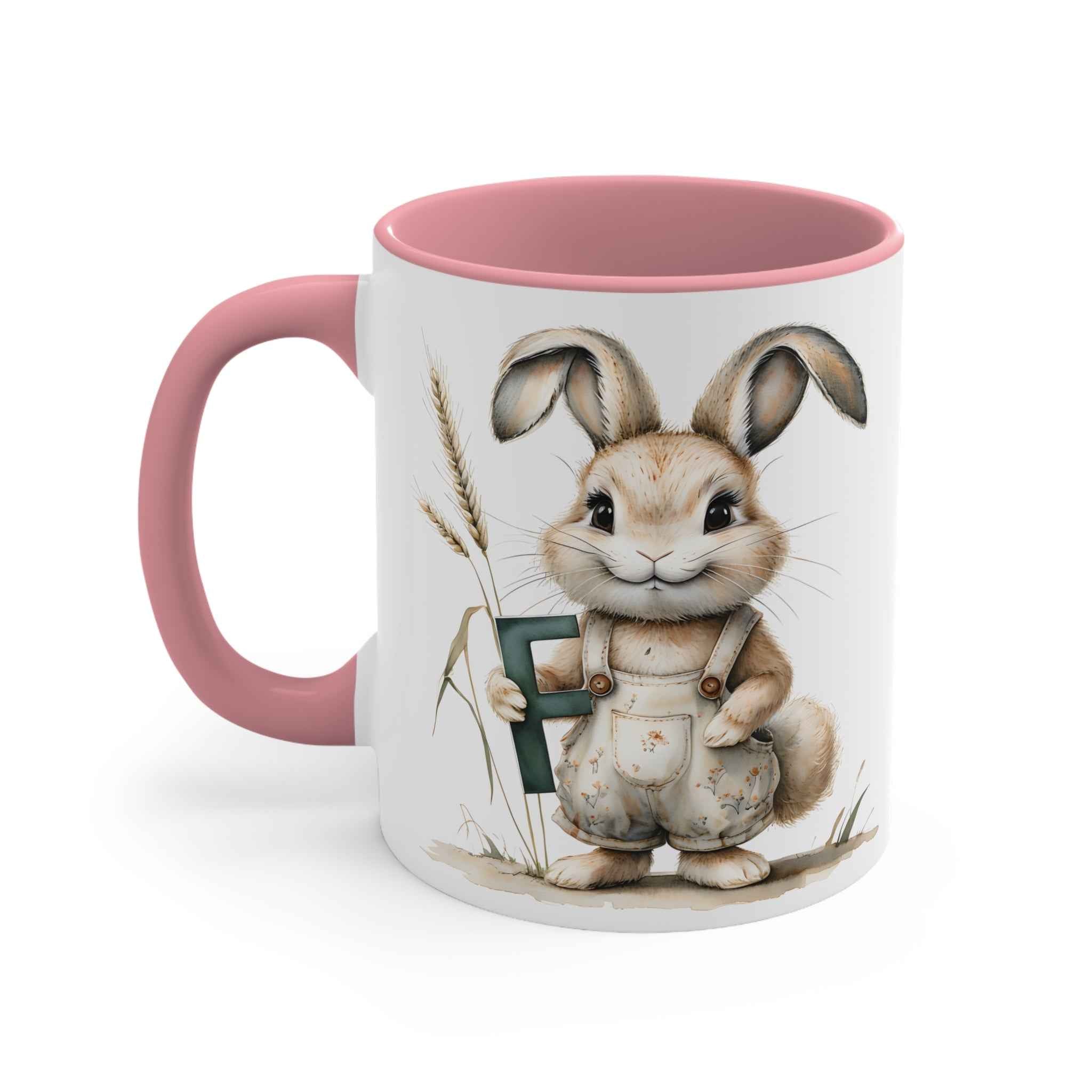 Whimsical Letter F Rabbit Design Mug, Cute Coffee Cup for Animal Lovers, Perfect Gift for Easter, Spring Decor, Unique Tea Mug