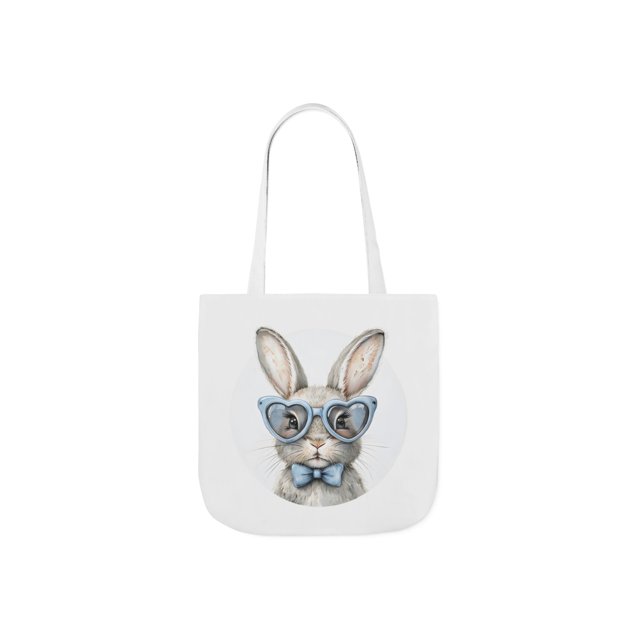 Bunny canvas tote bag with rabbit face graphic and white shoulder straps