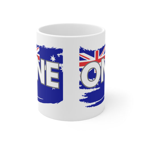 White ceramic coffee mug with blue Australia flag map graphic and partial 'ONE' text