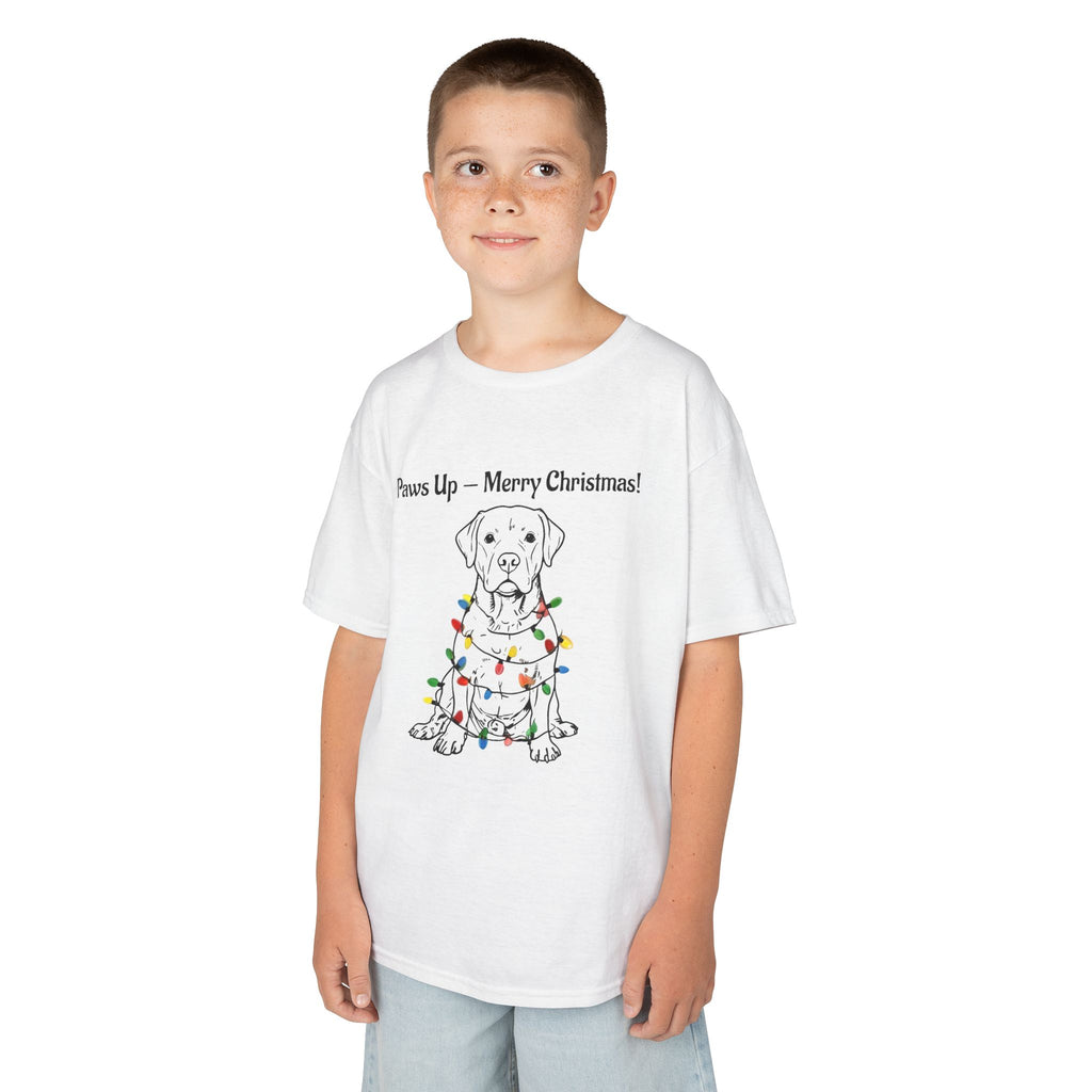 Kids white tee on child model, dog wearing Christmas lights graphic.