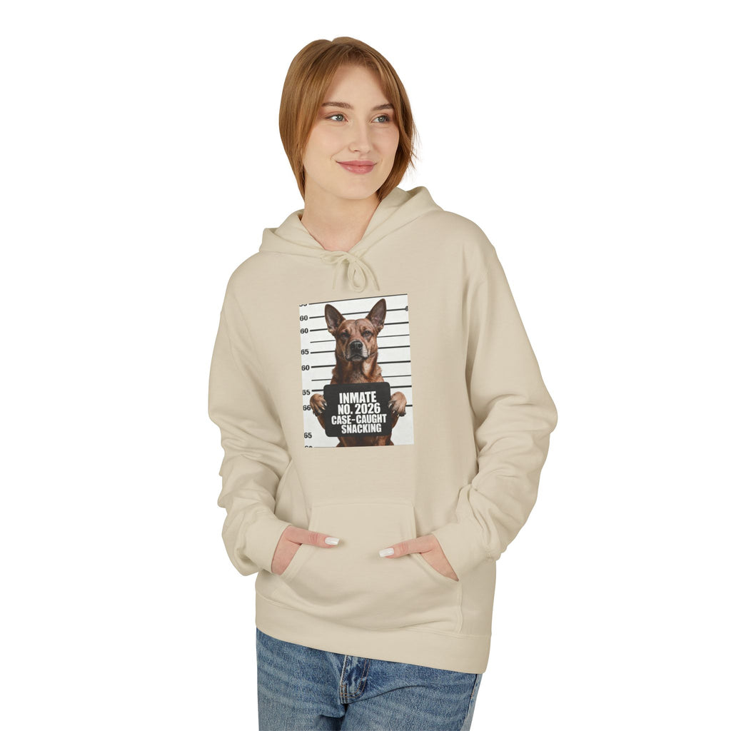 Sand pullover hoodie with front kangaroo pocket and dog mugshot graphic