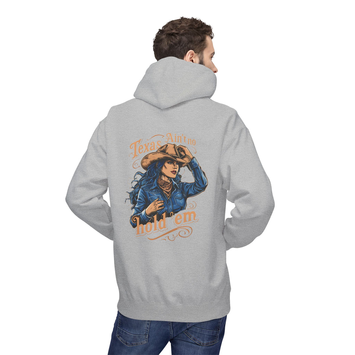 Light gray cowgirl graphic pullover hoodie, hood and front pouch pocket