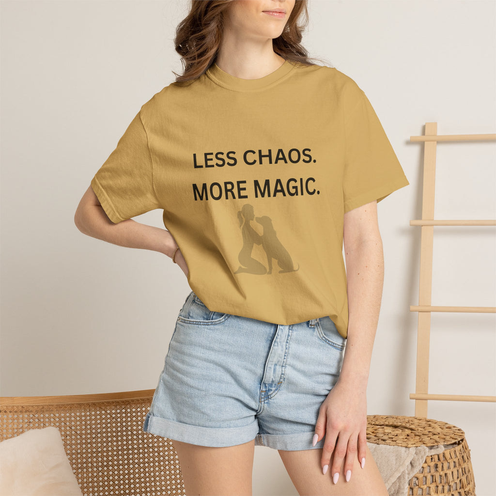 Less Chaos, More Magic T-Shirt — Woman + Dog Silhouette Graphic Tee