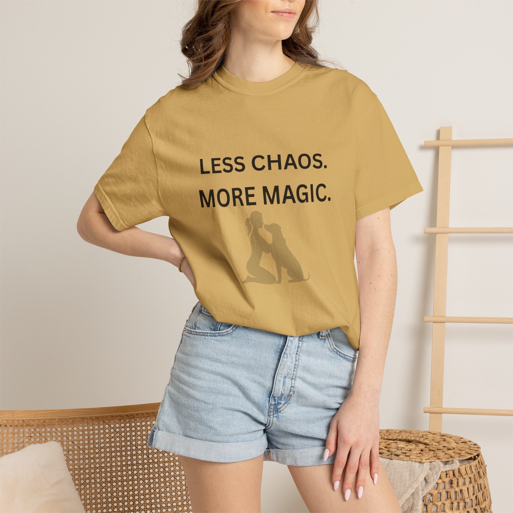Less Chaos, More Magic T-Shirt — Woman + Dog Silhouette Graphic Tee