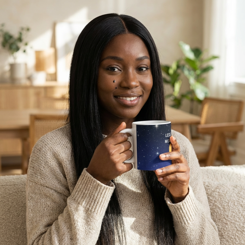 Ceramic Mug — "Less Chaos, More Magic" Night Sky Moon Coffee Cup 11oz