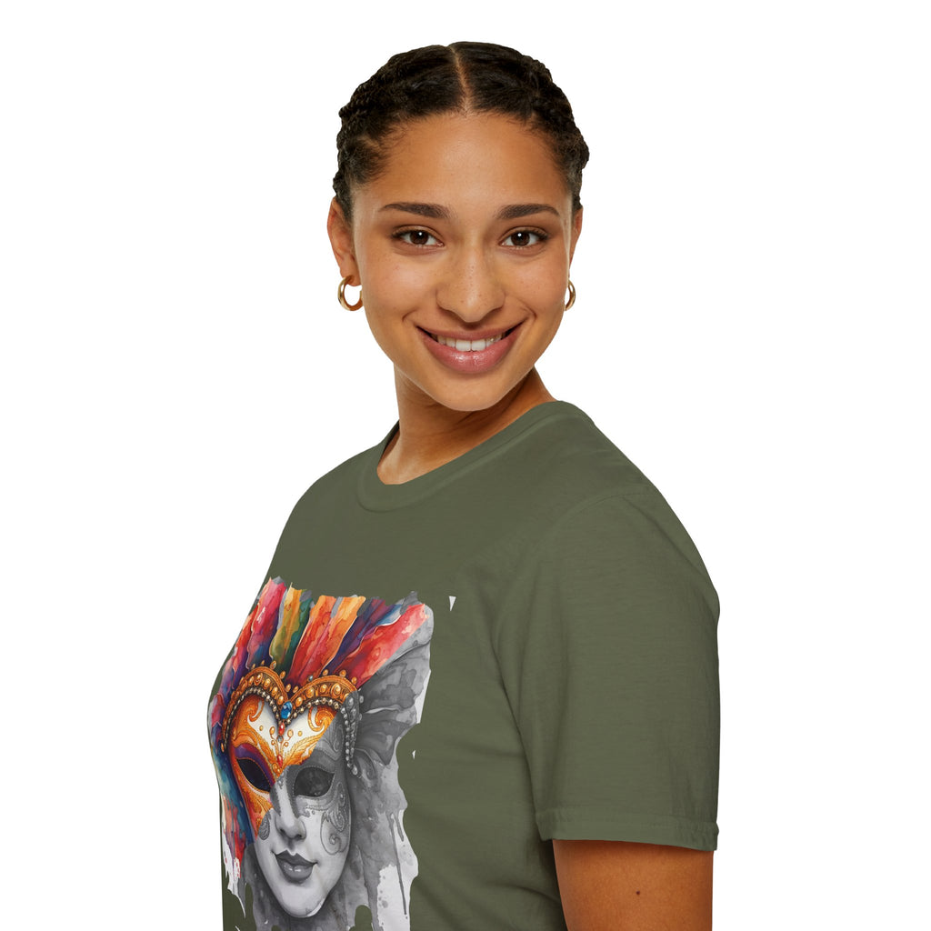 Olive face T-shirt with watercolor masquerade mask graphic on the left chest