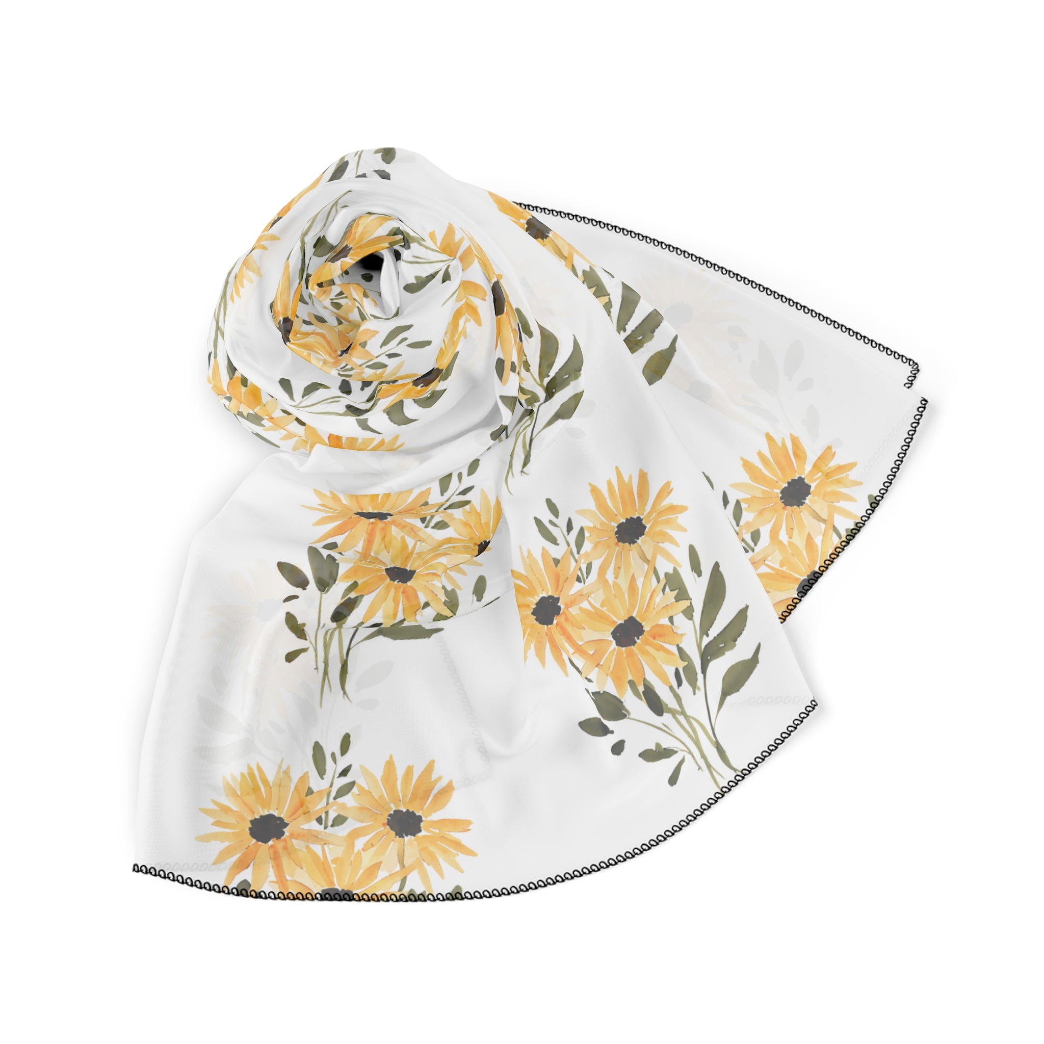 Sunflower print scarf, white chiffon with orange-yellow flowers and dark centers