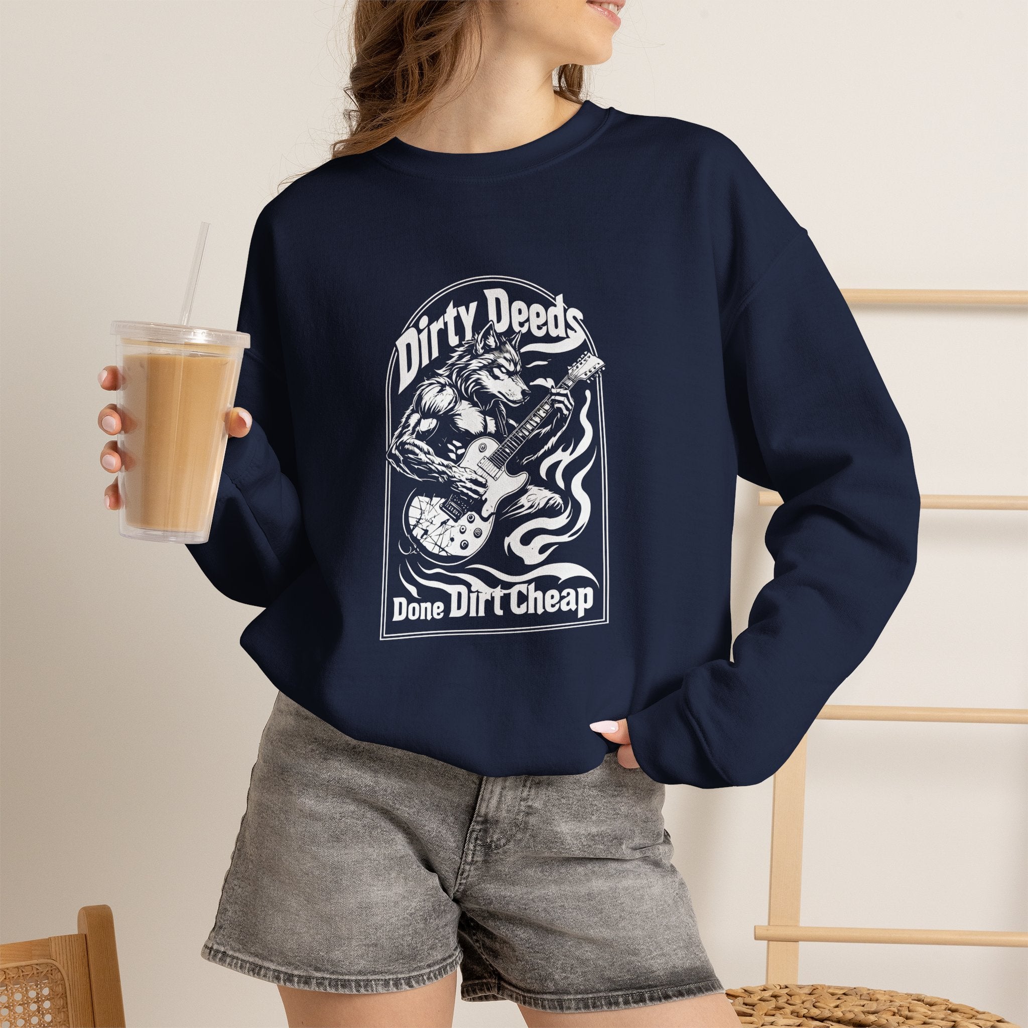Crewneck Sweatshirt — 'Dirty Deeds Done Dirt Cheap' Retro Skull Graphic
