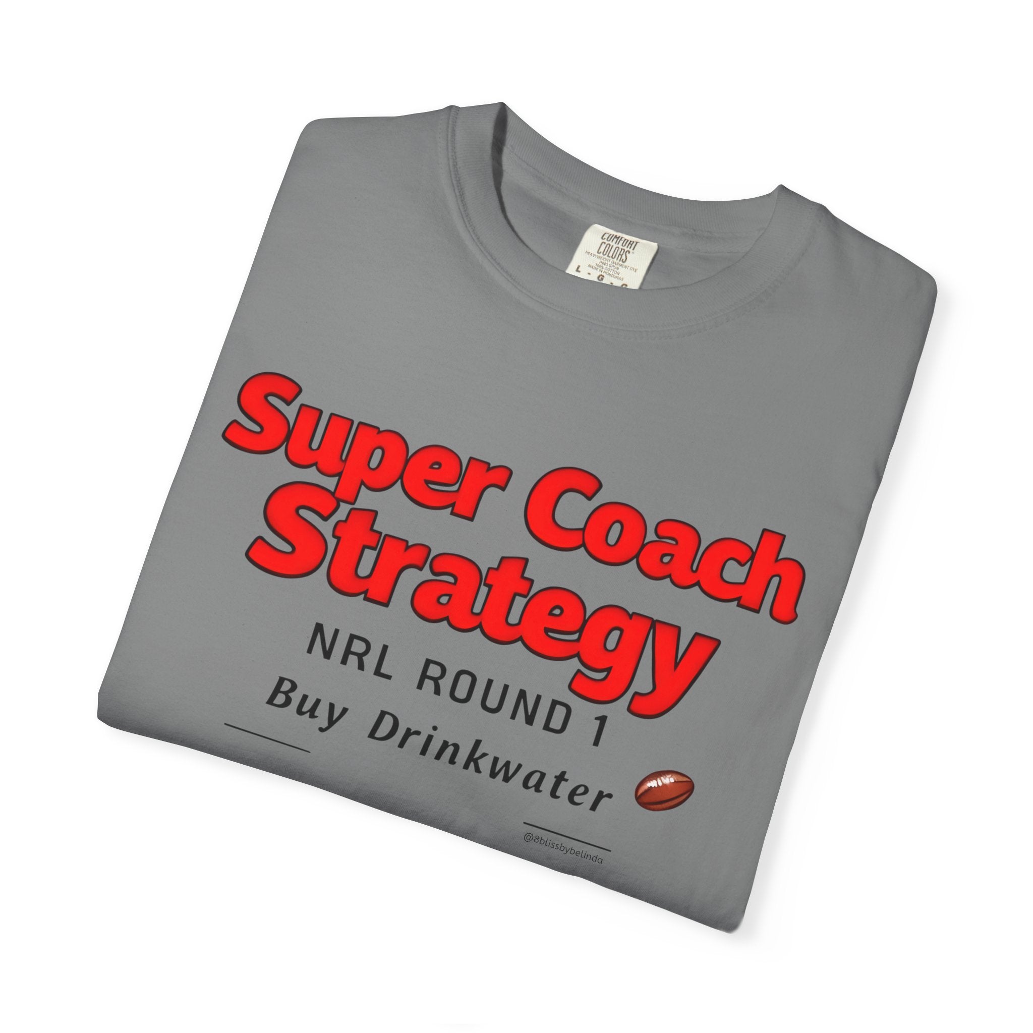 Grey graphic T-shirt showing front “Super Coach Strategy” red text and “NRL ROUND 1”