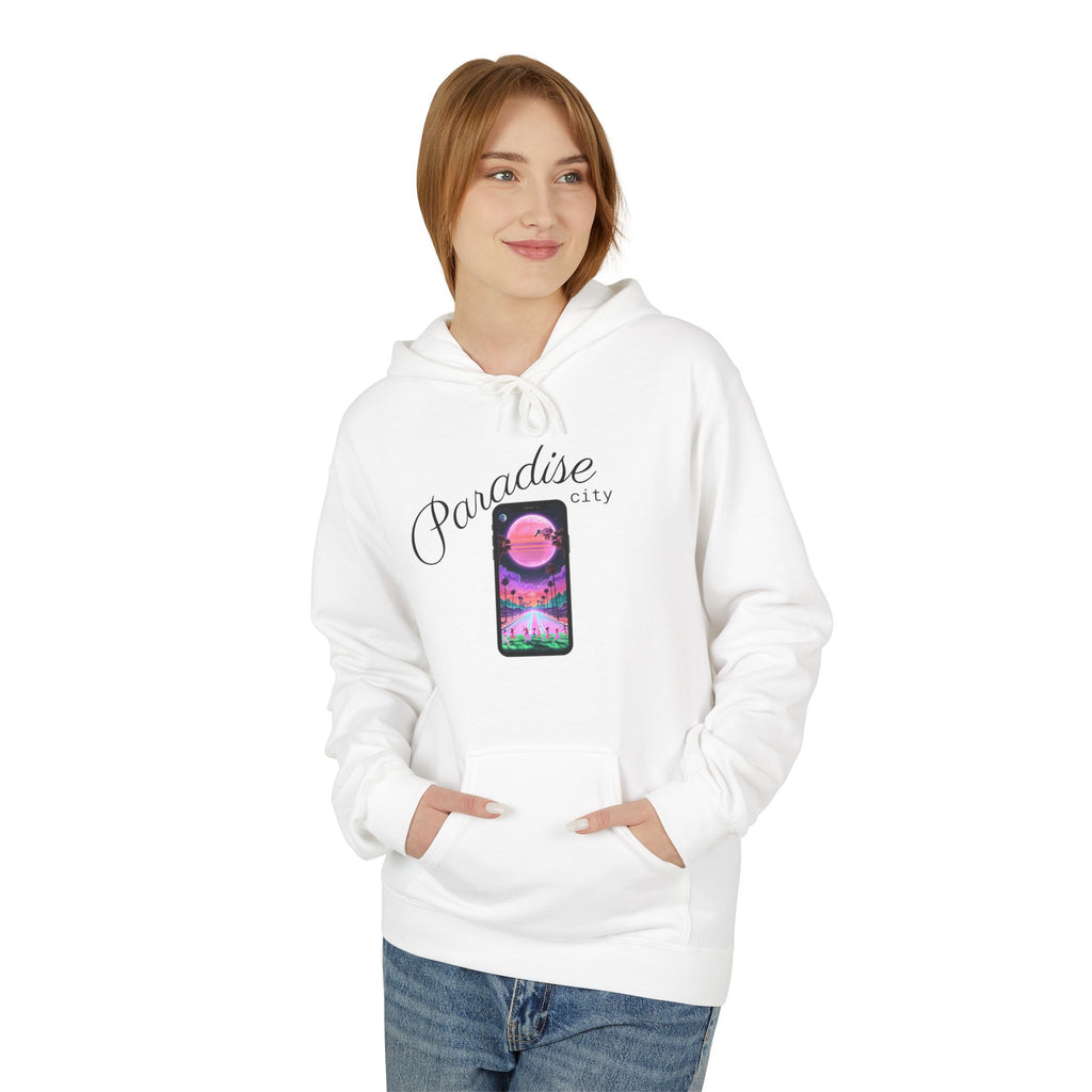 White pullover hoodie on model with chest graphic, hood, and front pocket
