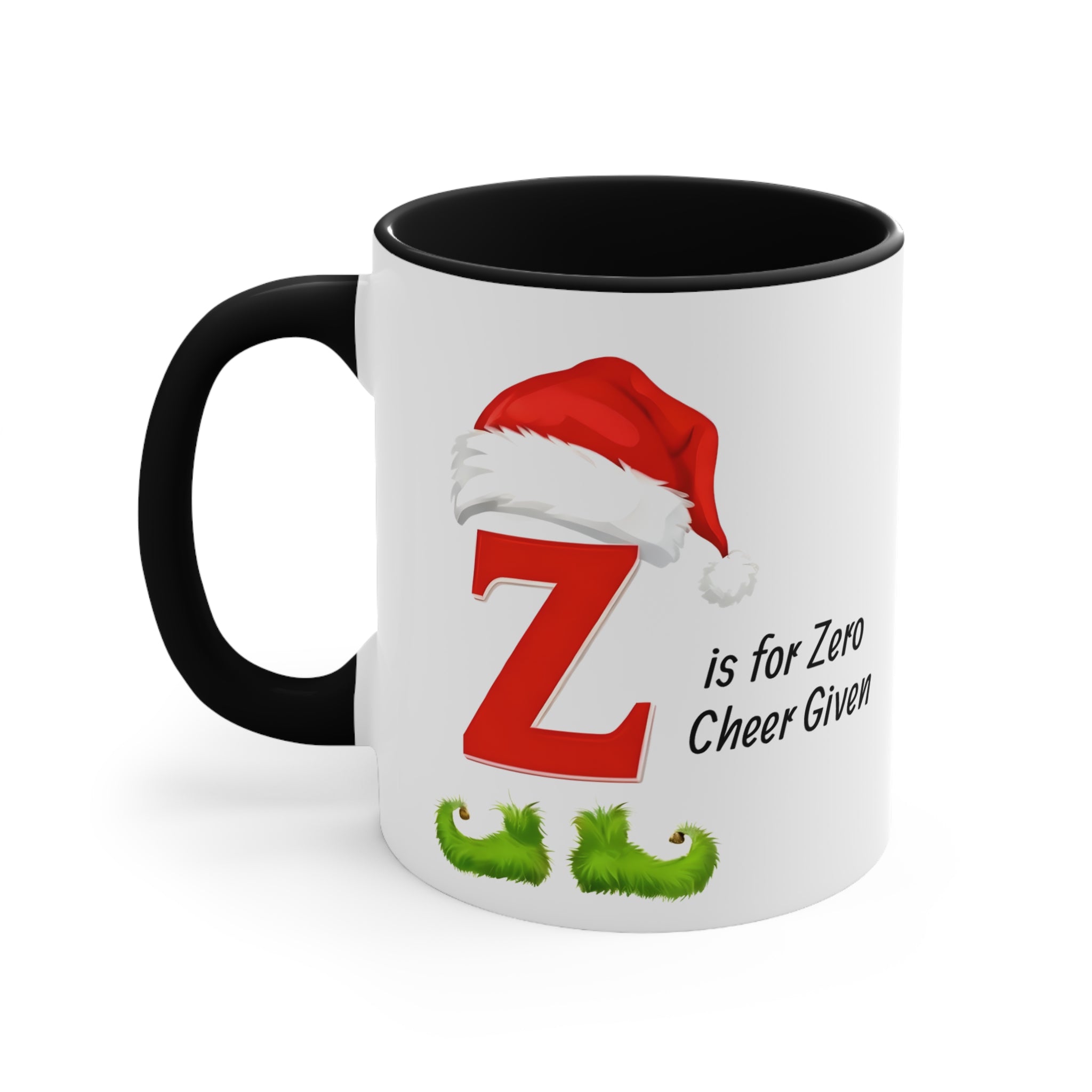 White mug with black handle; front shows red Z, Santa hat, and 'Cheer Given' text